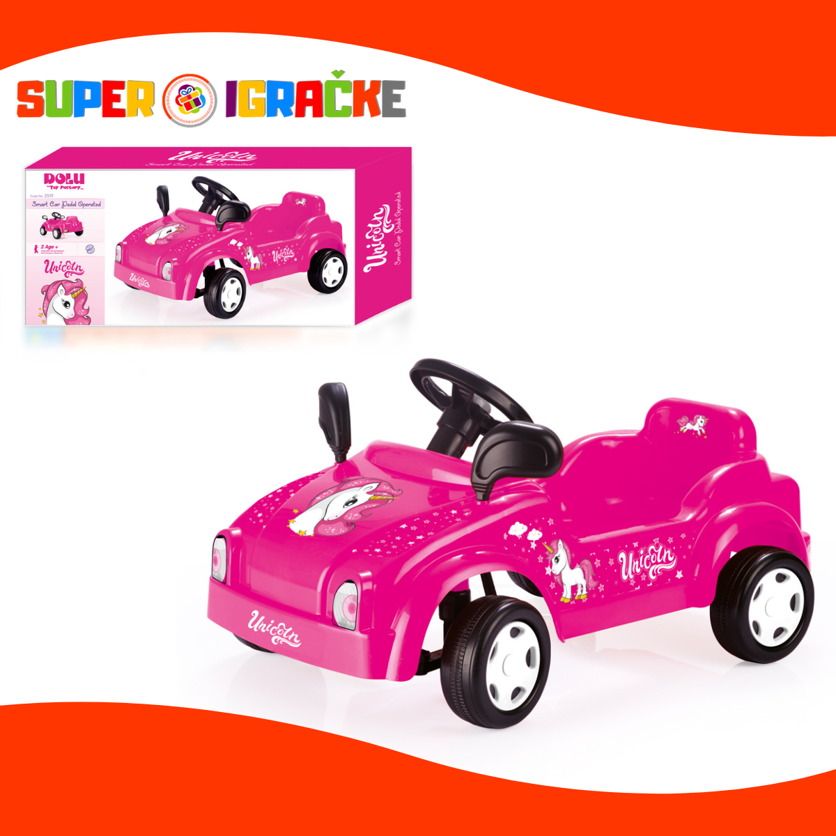 Dolu auto na pedale roze jednorog