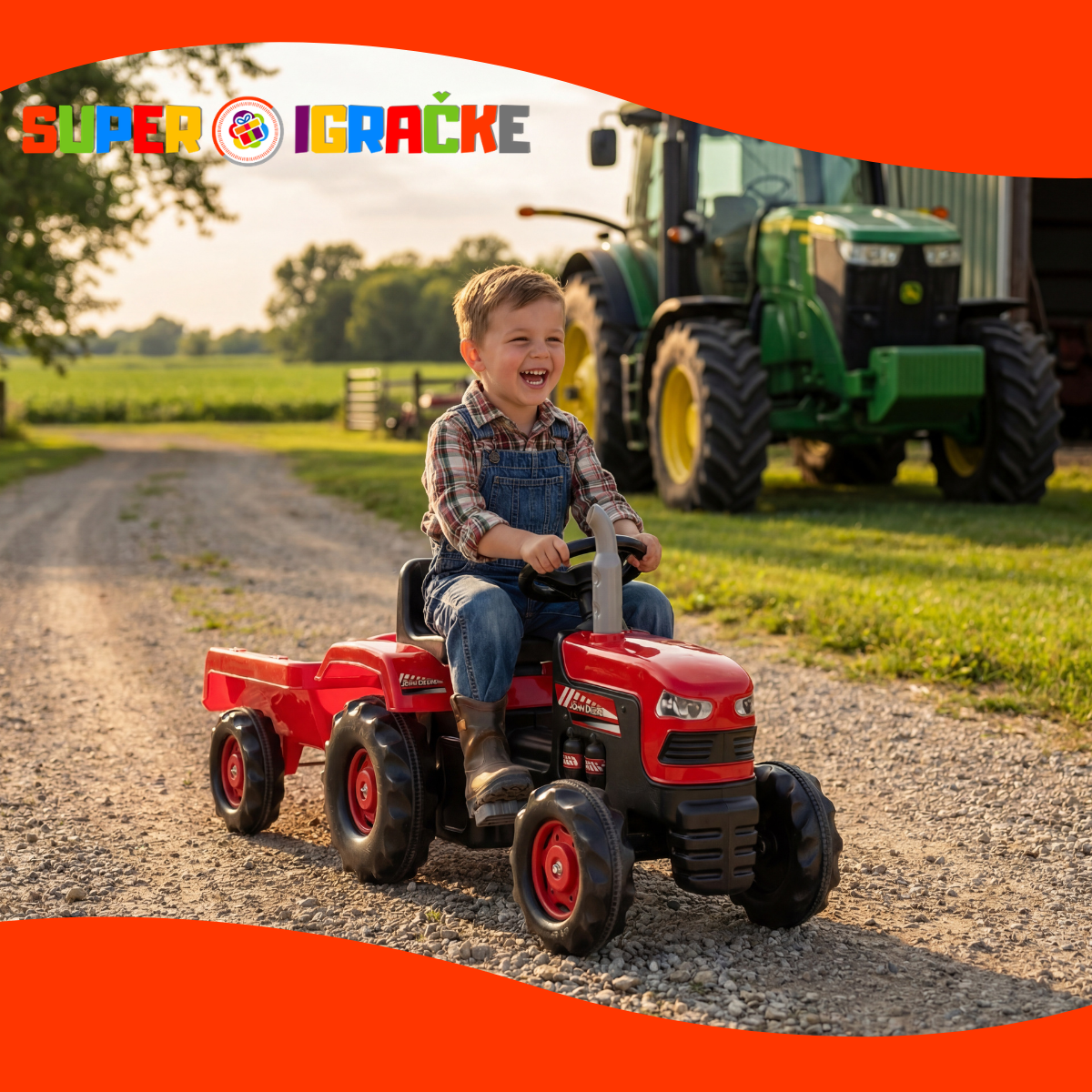 Dolu traktor na pedale sa prikolicom crveni