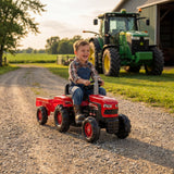 Dolu traktor na pedale sa prikolicom crveni