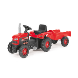 Dolu traktor na pedale sa prikolicom crveni