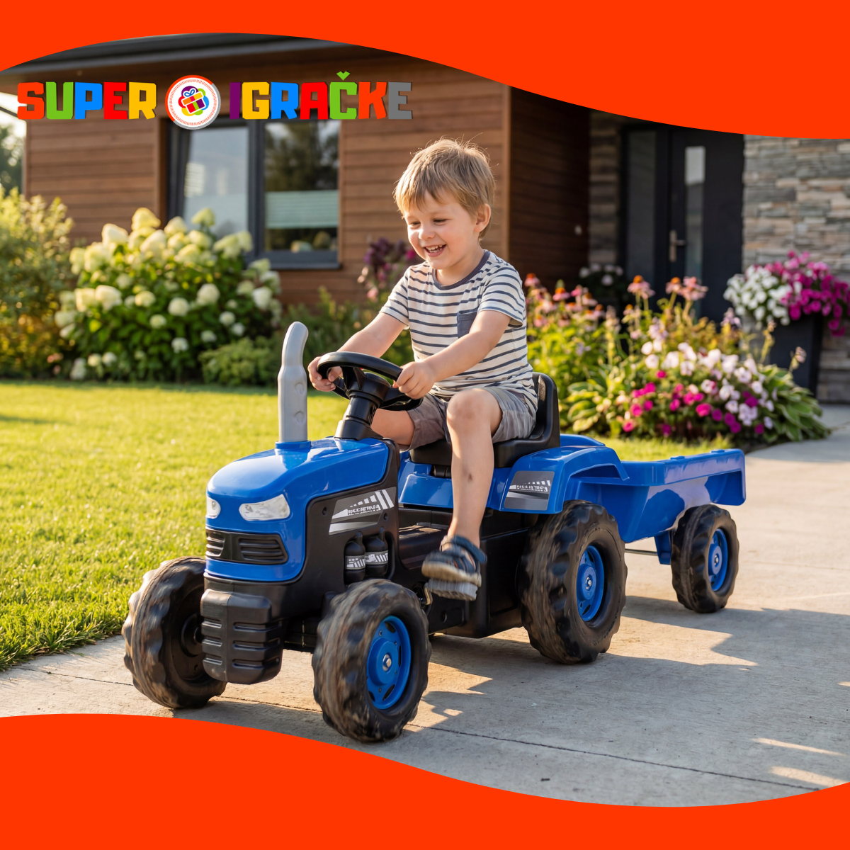 Dolu traktor na pedale sa prikolicom plavi