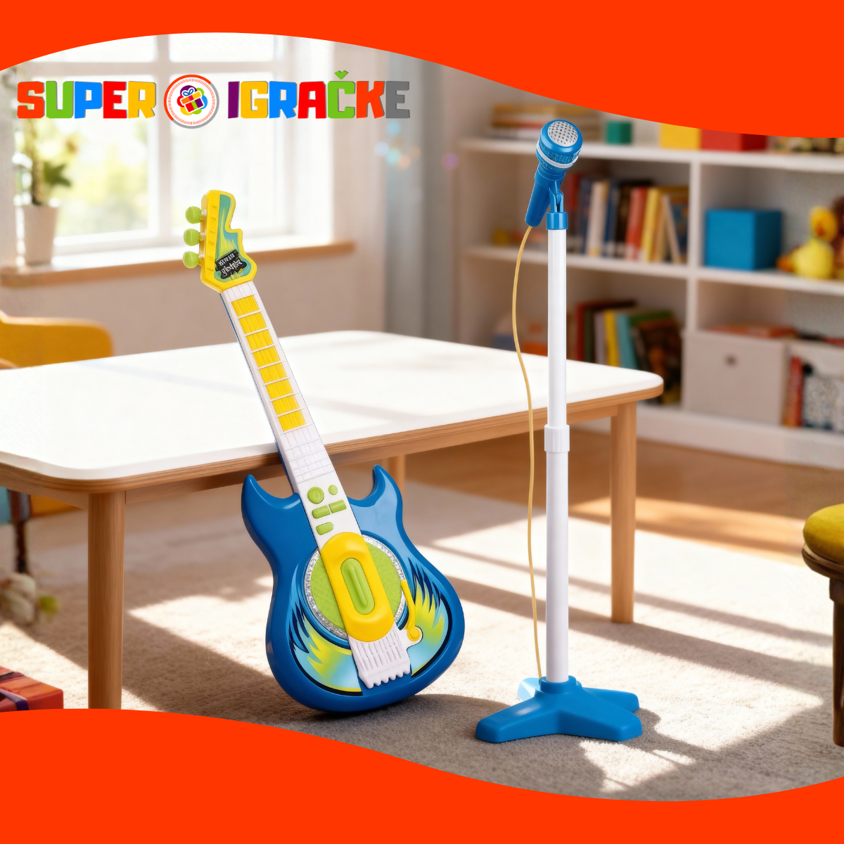 Električna gitara sa mikrofonom i stalkom