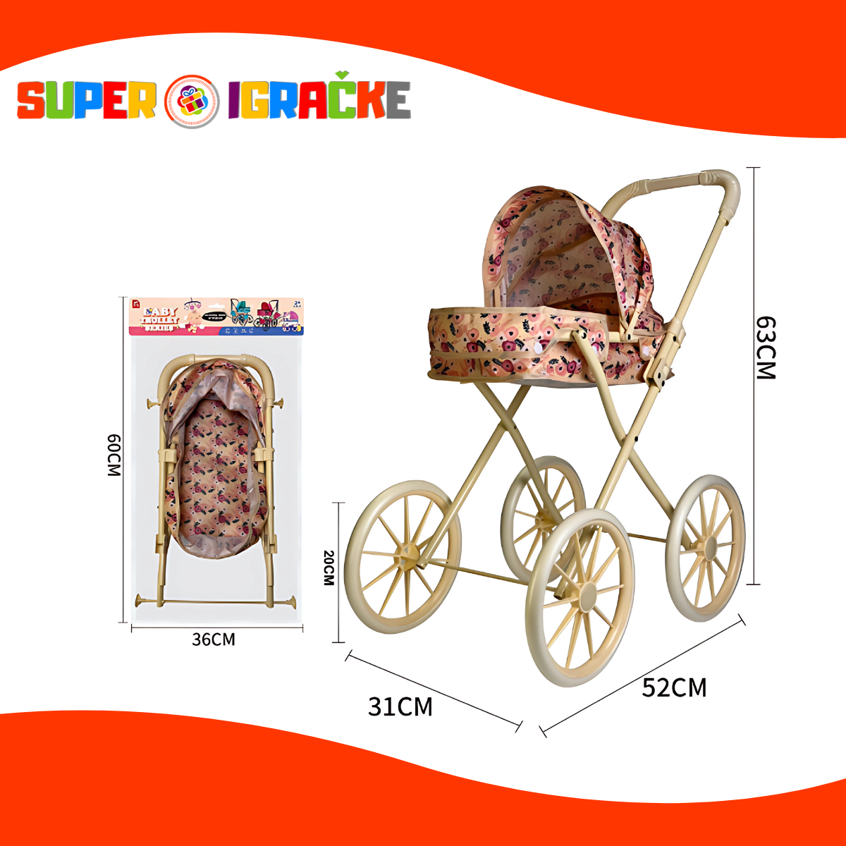 Kolica za lutku sa velikim točkovima - krem