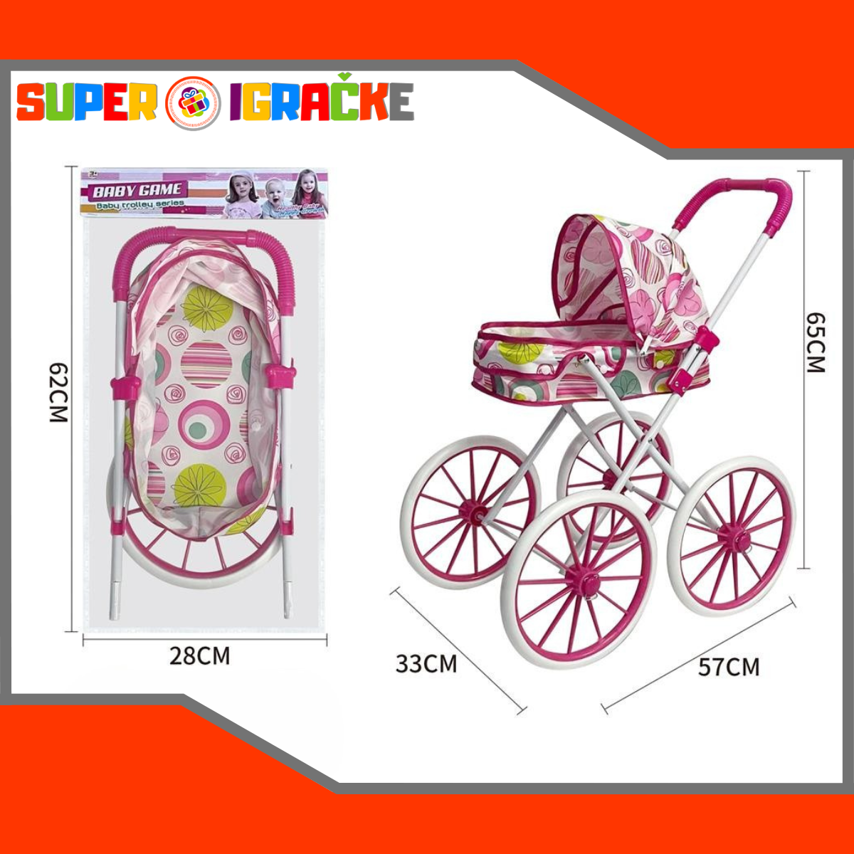 Kolica za lutku sa velikim točkovima - roze