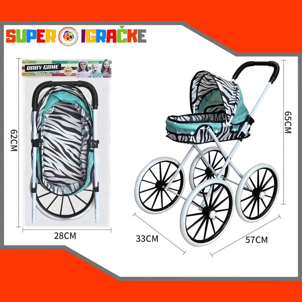 Kolica za lutku sa velikim točkovima - zebrasta