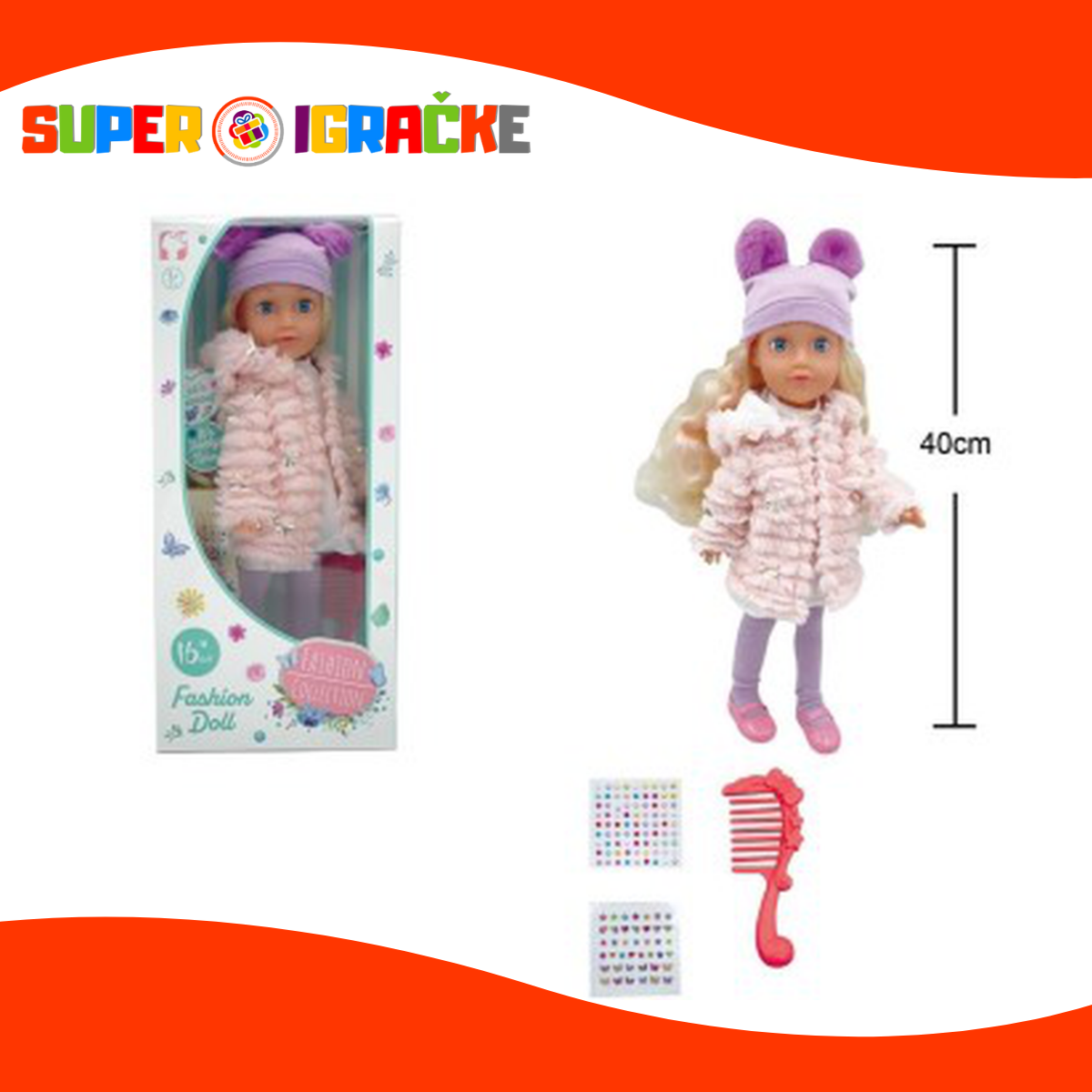 Lutka 40cm, češalj i šljokice