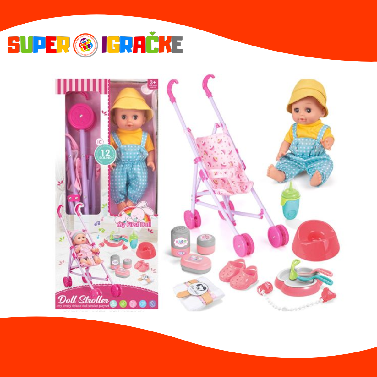 Lutka na baterije sa 12 zvukova i kolicima