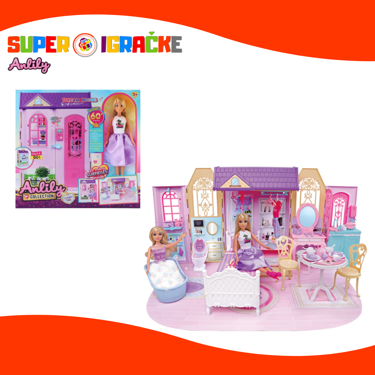 Lutka sa kućicom i 60 dodataka