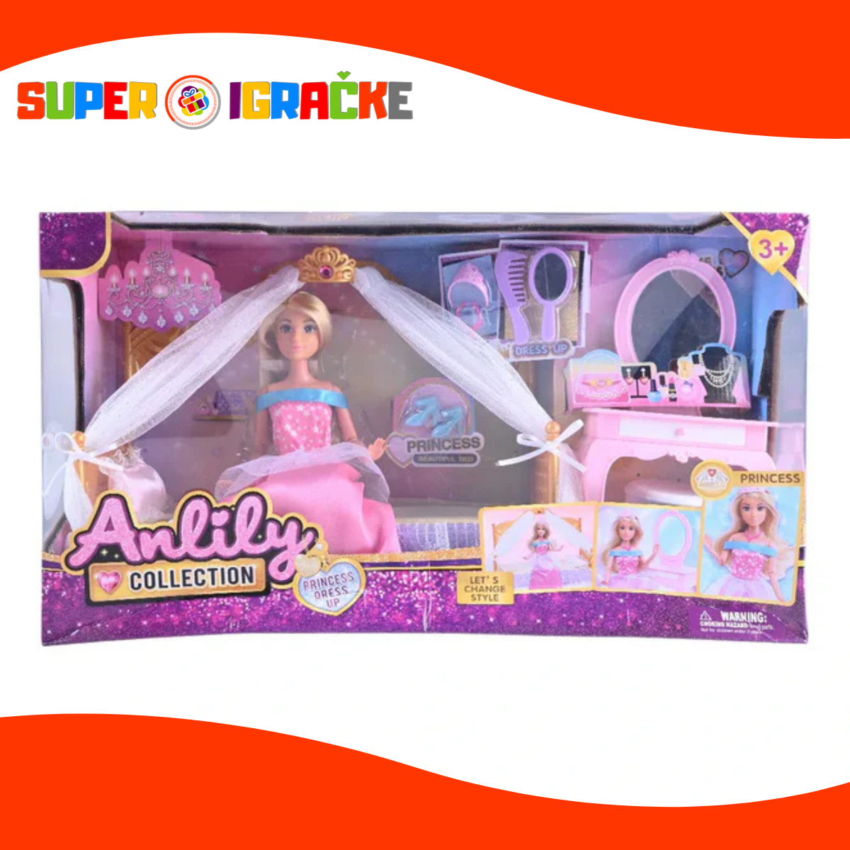 Lutka u haljini sa sobom i nameštajem