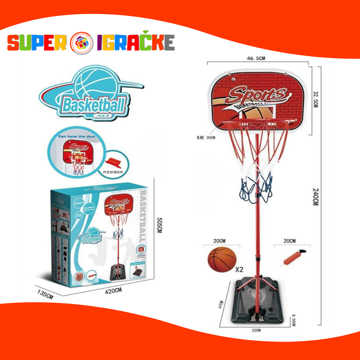 Set za košarku - tabla sa postoljem i loptom