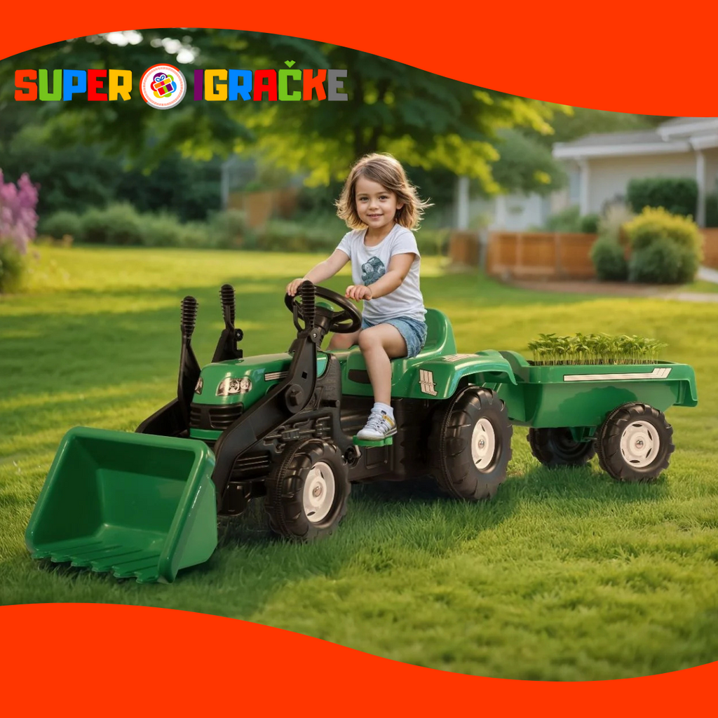 Traktor sa kasikom i prikolicom zeleni
