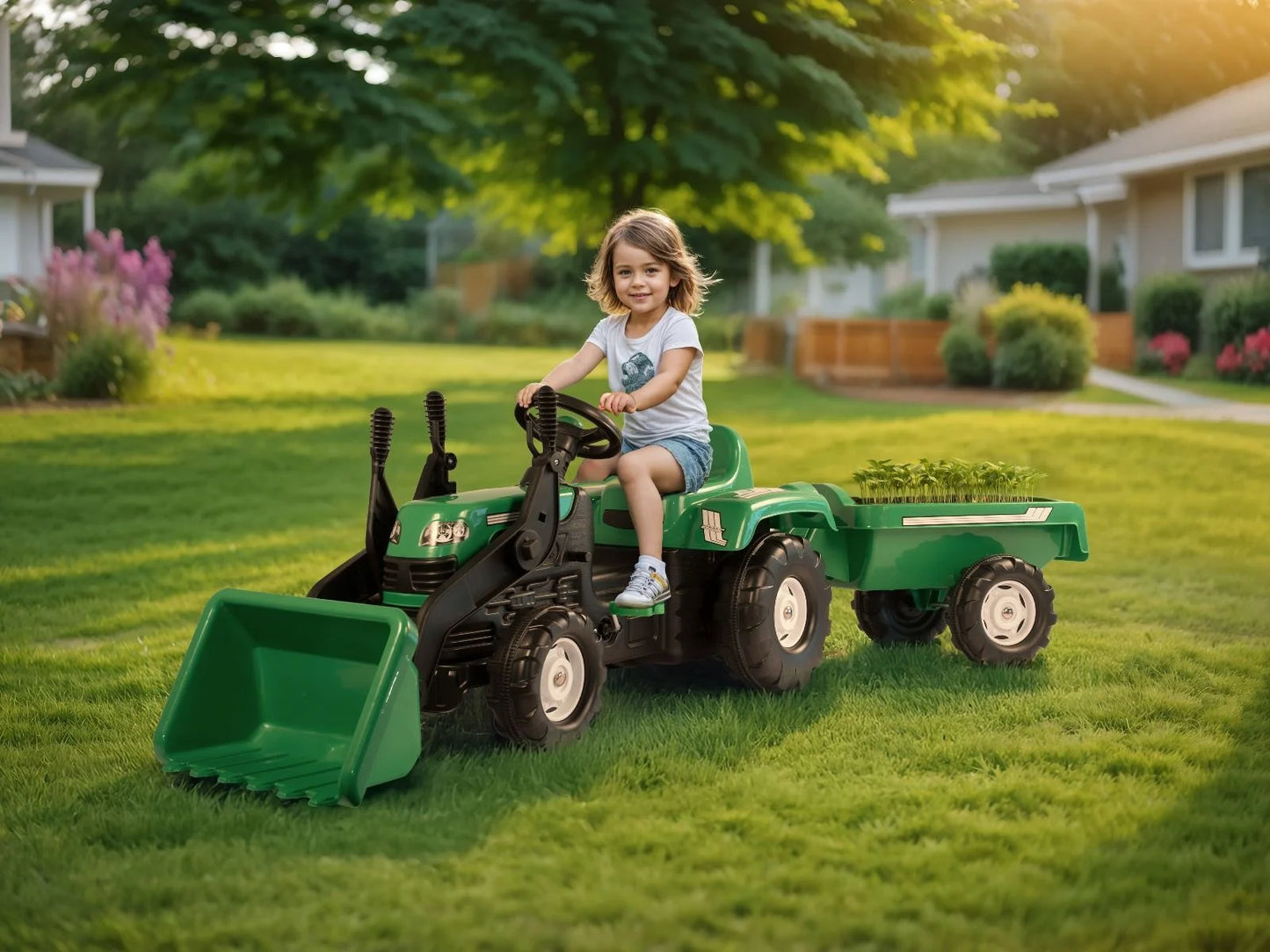 Traktor sa kasikom i prikolicom zeleni