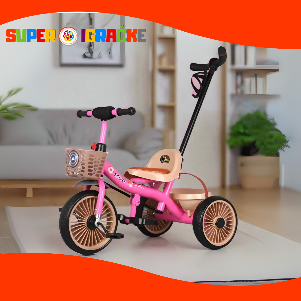 Tricikl Lux sa ručkom - Roze