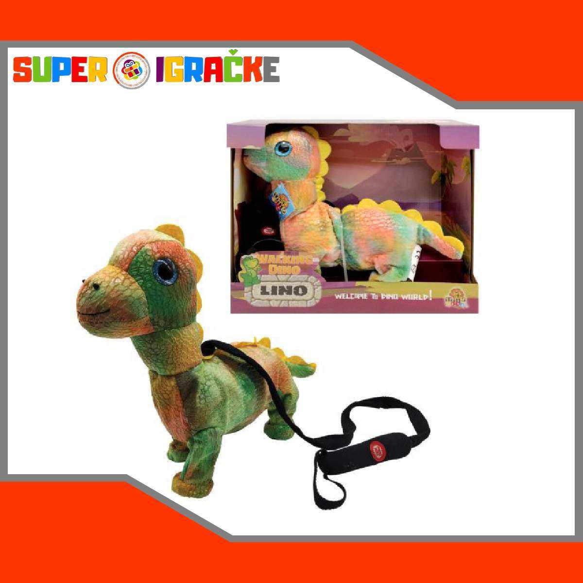 Plišani Dino Lino dinosaurus na povodcu koji hoda